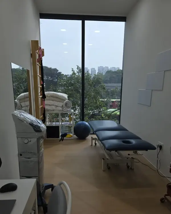 Treatment room at Phoenix Rehab Jurong East, with a treatment bed, wall bars and an exercise ball beside a floor-to-ceiling window