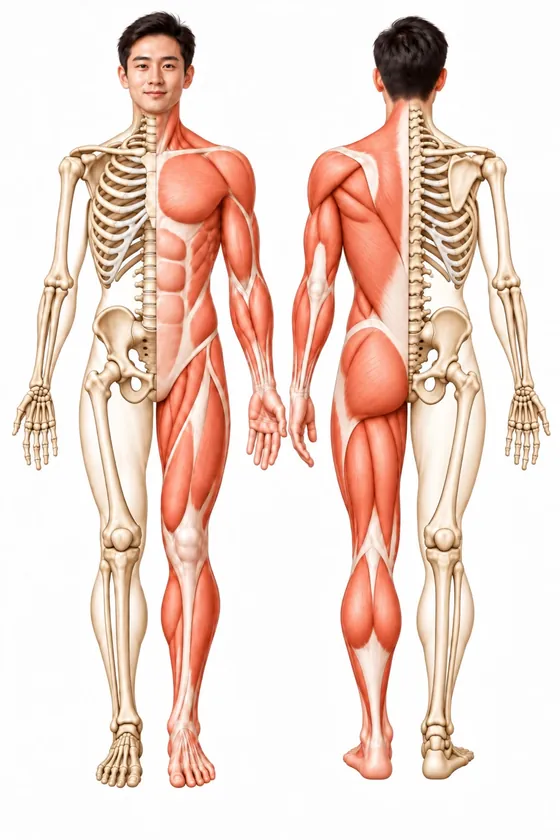 Body map, front and back, showing bones and muscles