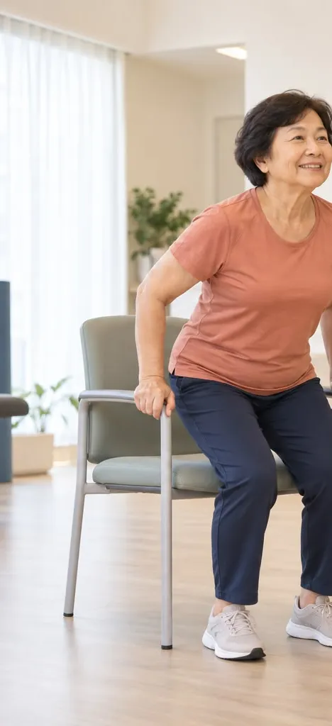 Illustration of a woman standing up from a firm chair, pushing through her hands on the chair