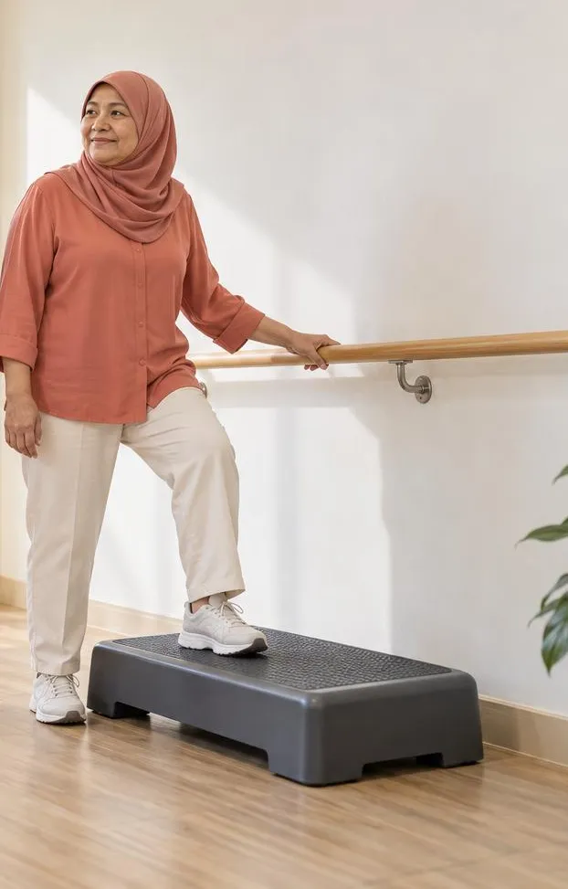 Illustration of a woman stepping up onto a low step while holding a wall rail